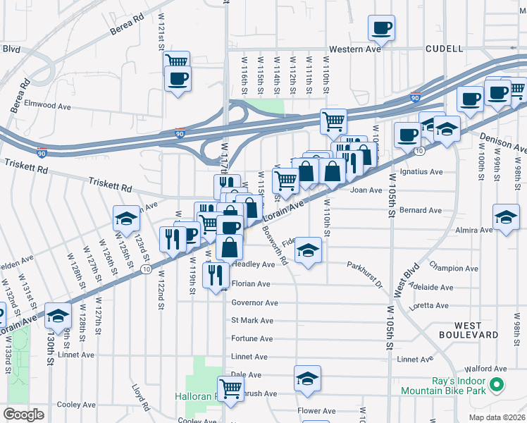 map of restaurants, bars, coffee shops, grocery stores, and more near 3291 West 115th Street in Cleveland