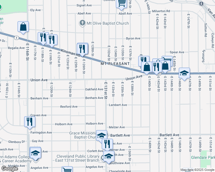 map of restaurants, bars, coffee shops, grocery stores, and more near 3525 East 131st Street in Cleveland