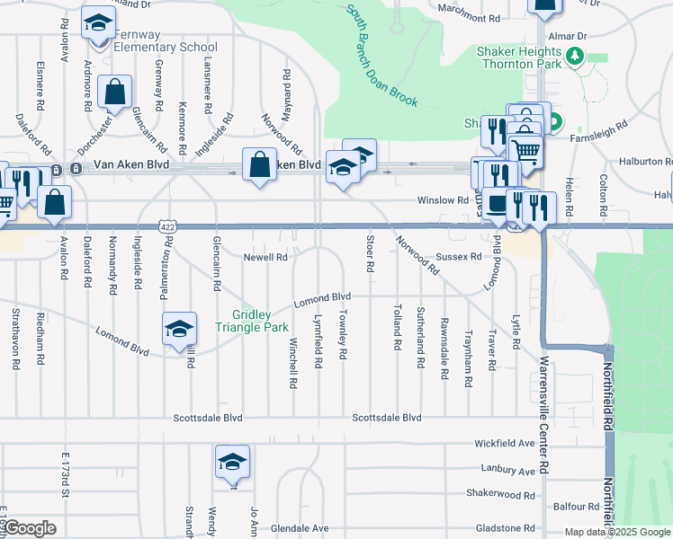 map of restaurants, bars, coffee shops, grocery stores, and more near 3554 Townley Rd in Shaker Heights