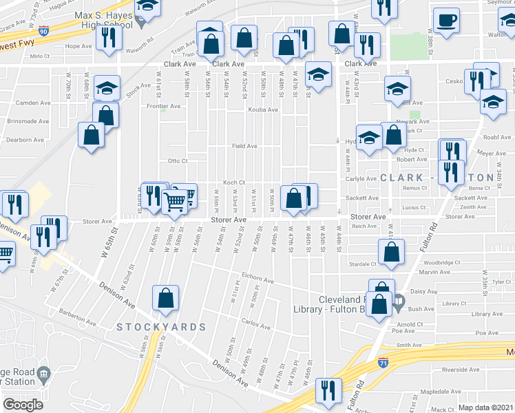 map of restaurants, bars, coffee shops, grocery stores, and more near 3340 West 50th Street in Cleveland