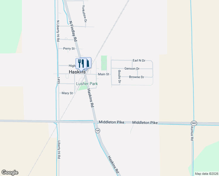 map of restaurants, bars, coffee shops, grocery stores, and more near 202 S Sullivan Dr in Haskins