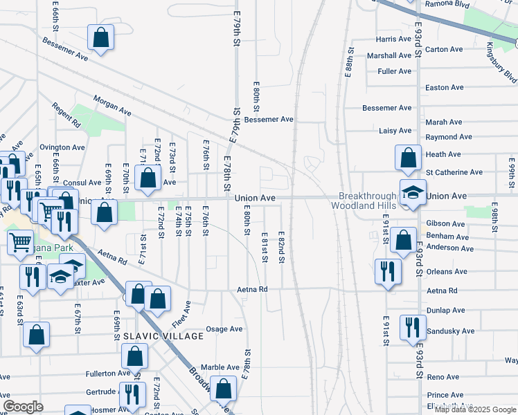 map of restaurants, bars, coffee shops, grocery stores, and more near 3512 East 81st Street in Cleveland