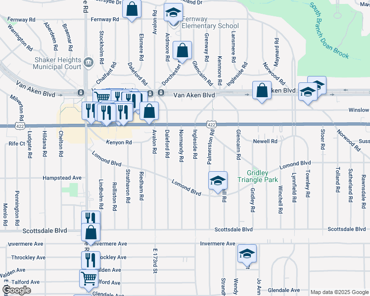 map of restaurants, bars, coffee shops, grocery stores, and more near 3553 Normandy Road in Shaker Heights