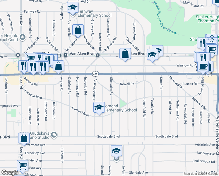 map of restaurants, bars, coffee shops, grocery stores, and more near 3552 Glencairn Road in Shaker Heights