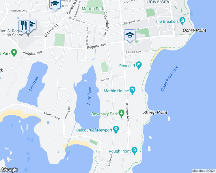map of restaurants, bars, coffee shops, grocery stores, and more near 8 Almy Court in Newport
