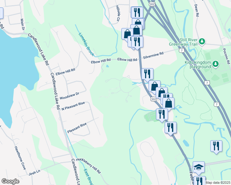 map of restaurants, bars, coffee shops, grocery stores, and more near 7 Oak Meadows Drive in Brookfield