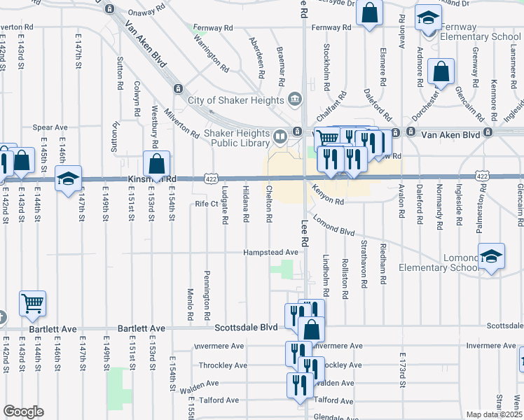 map of restaurants, bars, coffee shops, grocery stores, and more near 3549 Chelton Road in Shaker Heights