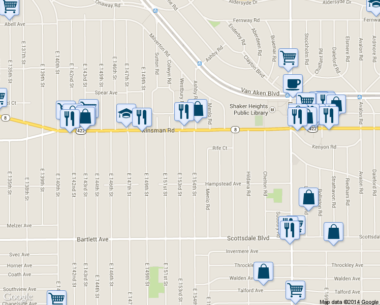 map of restaurants, bars, coffee shops, grocery stores, and more near 3551 East 154th Street in Cleveland