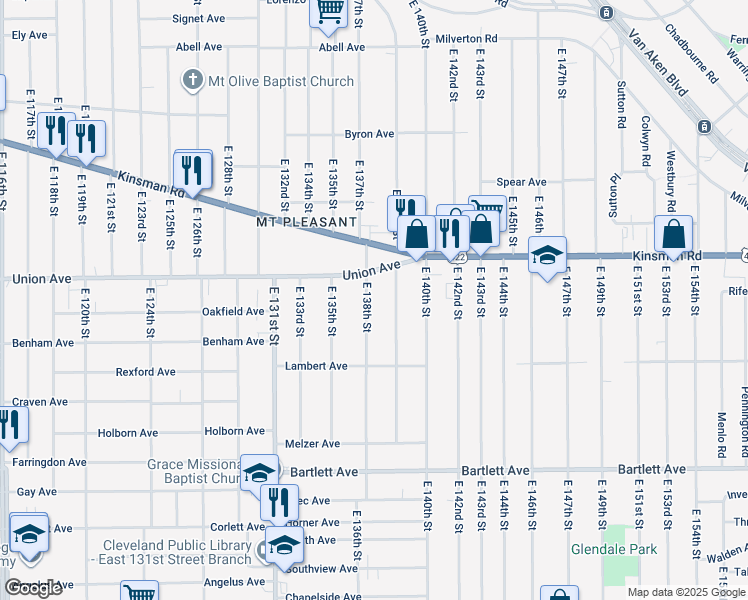 map of restaurants, bars, coffee shops, grocery stores, and more near 3538 East 139th Street in Cleveland