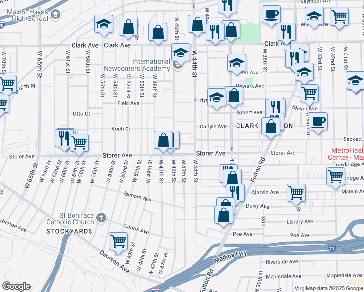 map of restaurants, bars, coffee shops, grocery stores, and more near 4411 Sackett Avenue in Cleveland
