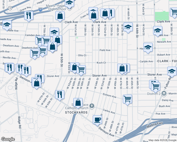 map of restaurants, bars, coffee shops, grocery stores, and more near 3338 West 58th Street in Cleveland