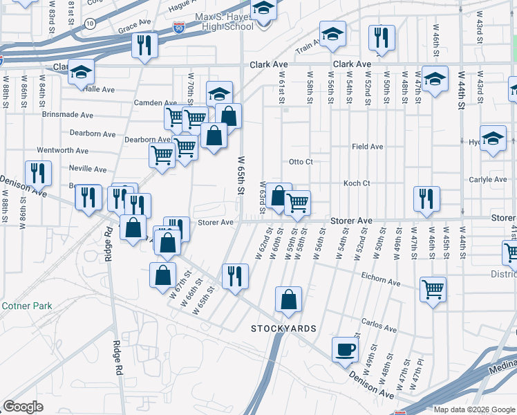 map of restaurants, bars, coffee shops, grocery stores, and more near 3338 West 63rd Street in Cleveland