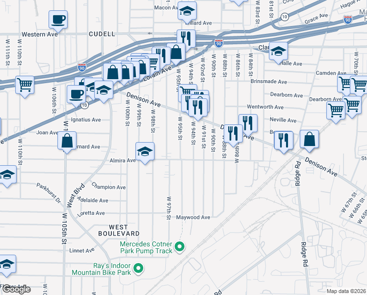 map of restaurants, bars, coffee shops, grocery stores, and more near 3335 West 95th Street in Cleveland