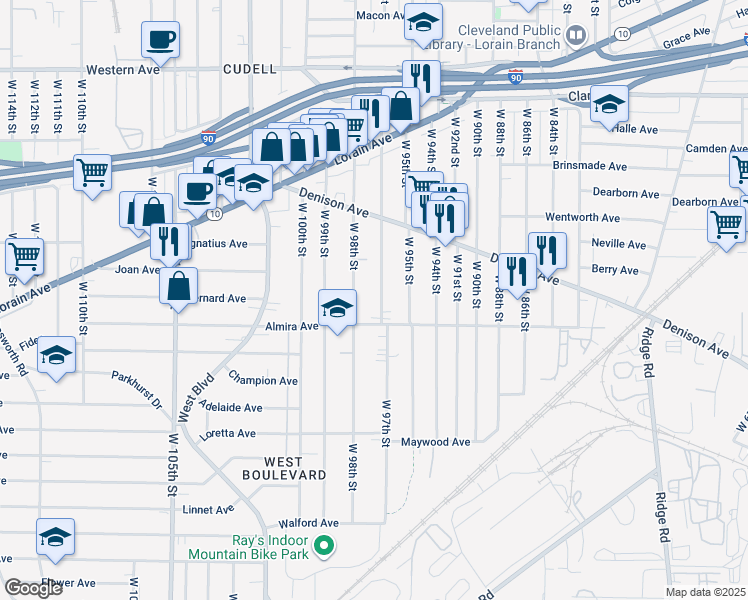 map of restaurants, bars, coffee shops, grocery stores, and more near 3342 W 97th St in Cleveland