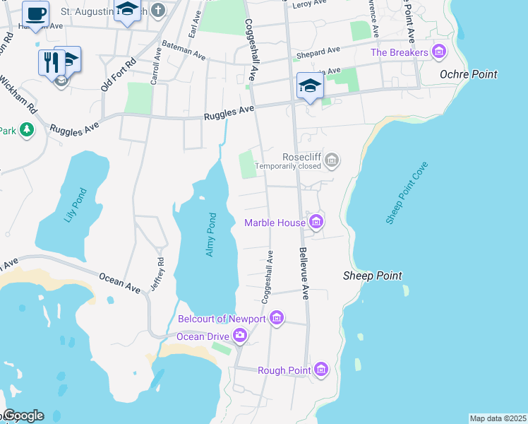 map of restaurants, bars, coffee shops, grocery stores, and more near 143 Coggeshall Avenue in Newport