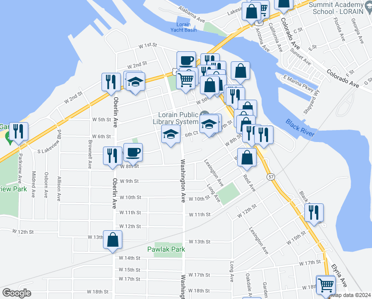 map of restaurants, bars, coffee shops, grocery stores, and more near 719 Washington Avenue in Lorain