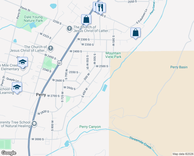 map of restaurants, bars, coffee shops, grocery stores, and more near 2565 Peach Street in Perry