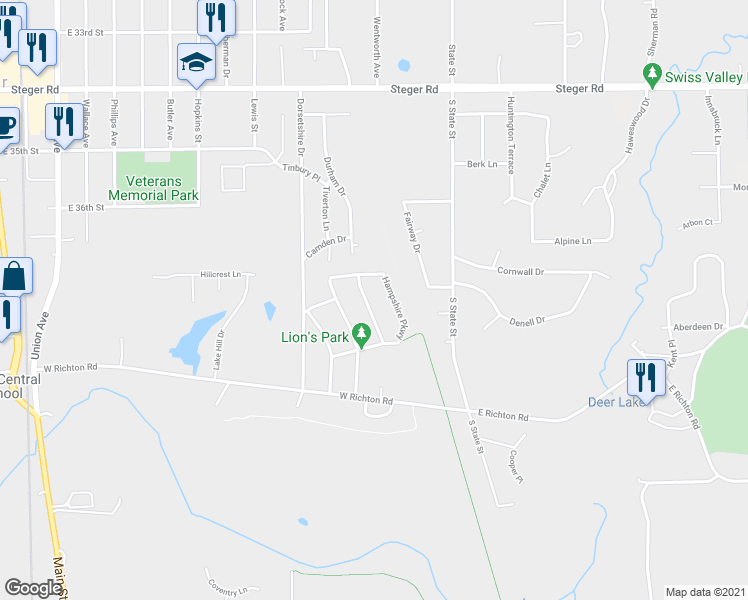 map of restaurants, bars, coffee shops, grocery stores, and more near 847 Yorkshire Terrace in Crete