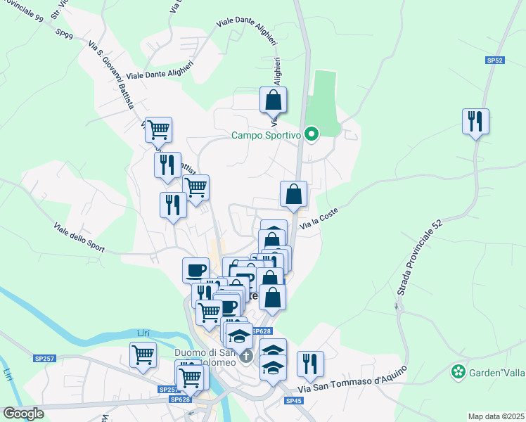 map of restaurants, bars, coffee shops, grocery stores, and more near 19 Via Trieste in Pontecorvo