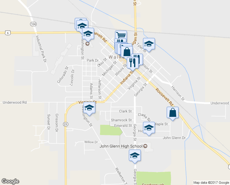 map of restaurants, bars, coffee shops, grocery stores, and more near 607 Indiana Street in Walkerton