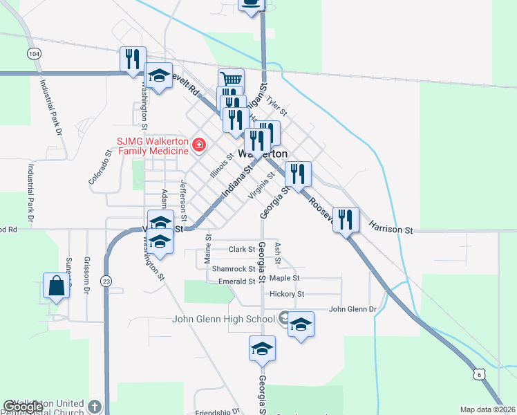 map of restaurants, bars, coffee shops, grocery stores, and more near 504 Georgia Street in Walkerton