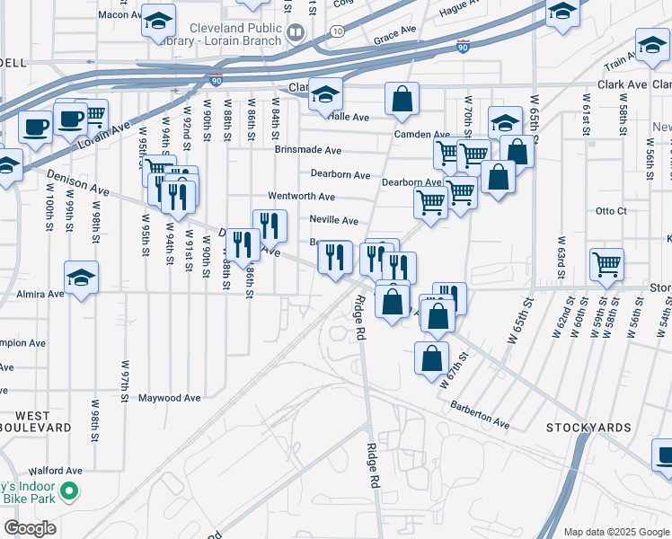 map of restaurants, bars, coffee shops, grocery stores, and more near 7500 Denison Avenue in Cleveland