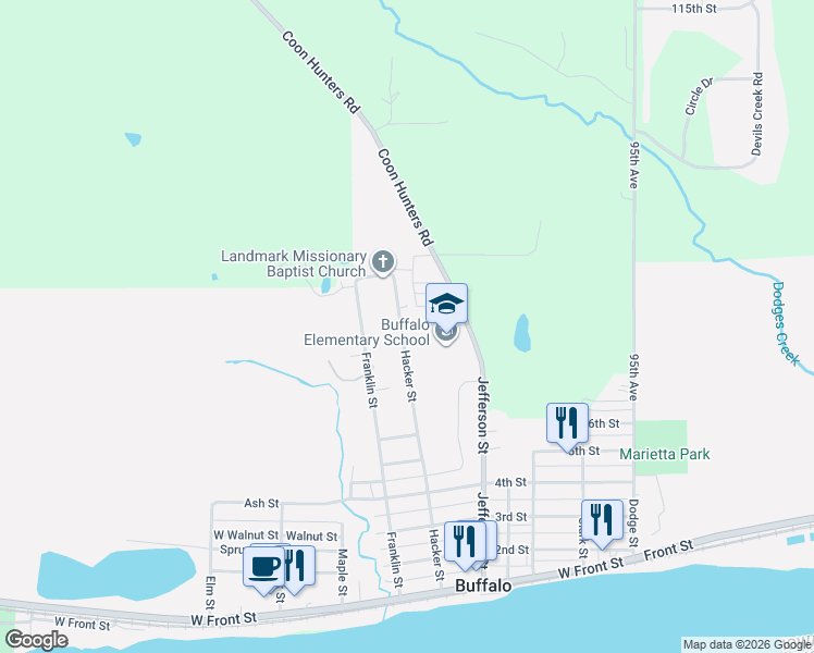 map of restaurants, bars, coffee shops, grocery stores, and more near 1103 Hacker Street in Buffalo