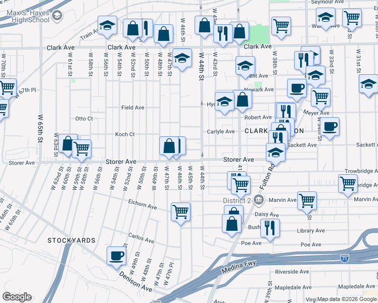 map of restaurants, bars, coffee shops, grocery stores, and more near 4411 Sackett Avenue in Cleveland