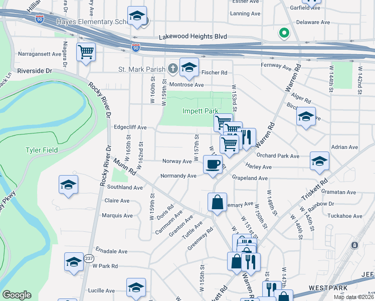 map of restaurants, bars, coffee shops, grocery stores, and more near 15721 Stillwood Avenue in Cleveland