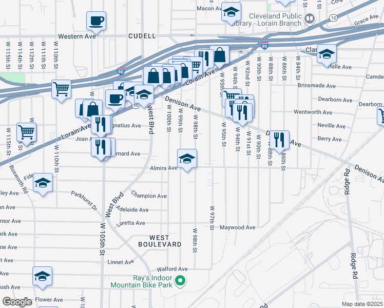 map of restaurants, bars, coffee shops, grocery stores, and more near 3338 West 98th Street in Cleveland