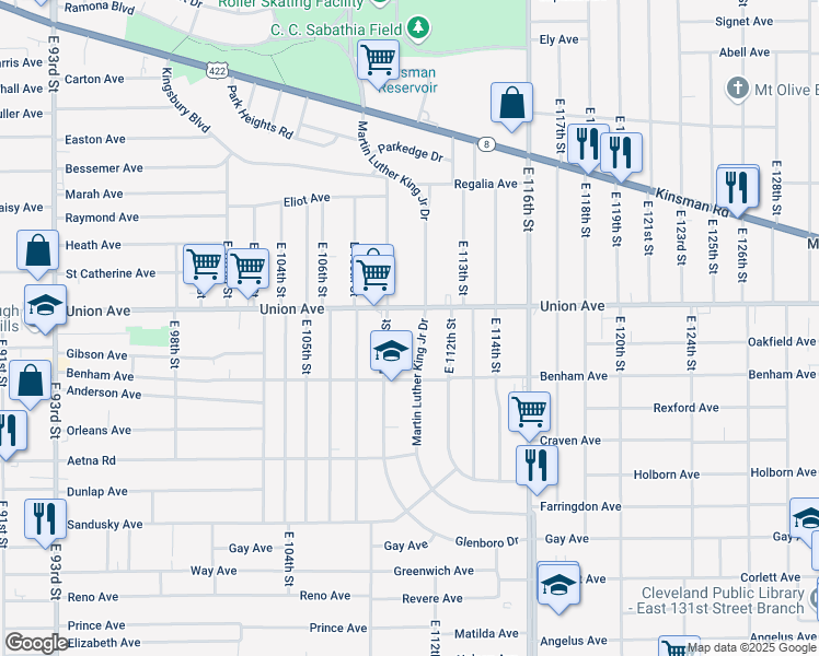 map of restaurants, bars, coffee shops, grocery stores, and more near 3520 Martin Luther King Junior Drive in Cleveland