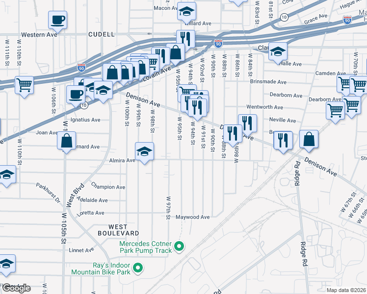 map of restaurants, bars, coffee shops, grocery stores, and more near 3335 West 95th Street in Cleveland