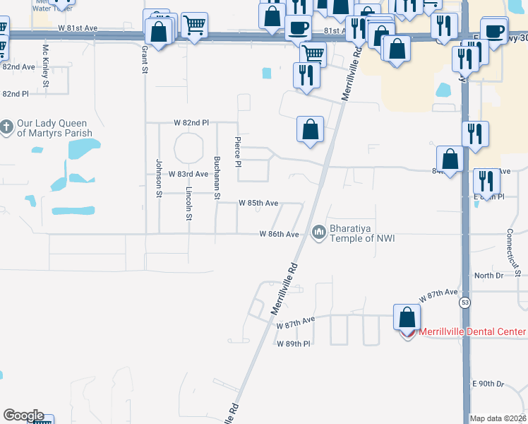 map of restaurants, bars, coffee shops, grocery stores, and more near 1213 West 85th Circle in Merrillville