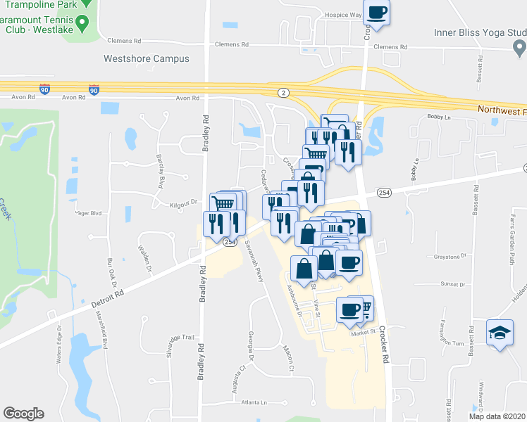 map of restaurants, bars, coffee shops, grocery stores, and more near 30400 Ohio 254 in Westlake