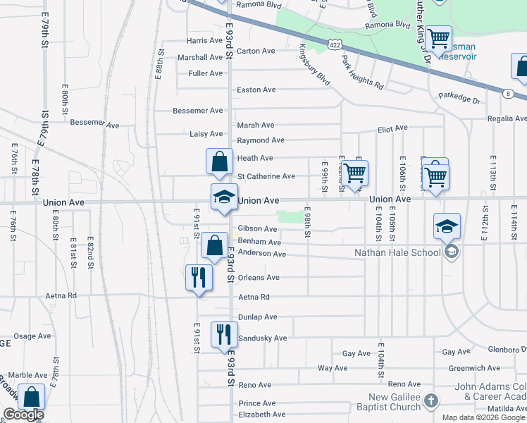 map of restaurants, bars, coffee shops, grocery stores, and more near 9503 Beacon Avenue in Cleveland