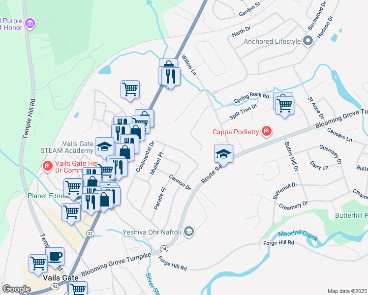 map of restaurants, bars, coffee shops, grocery stores, and more near 20 Continental Dr in New Windsor