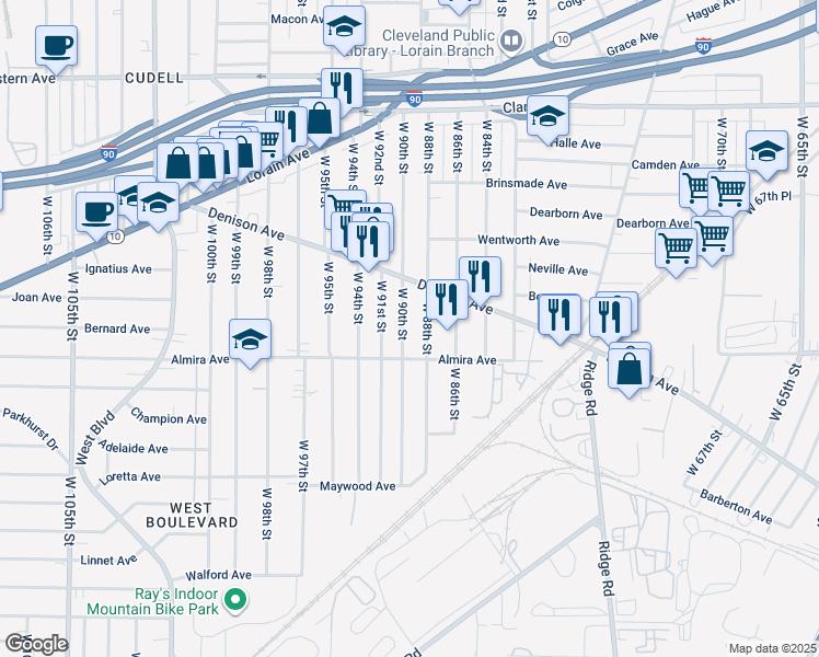 map of restaurants, bars, coffee shops, grocery stores, and more near 3321 W 90th St in Cleveland