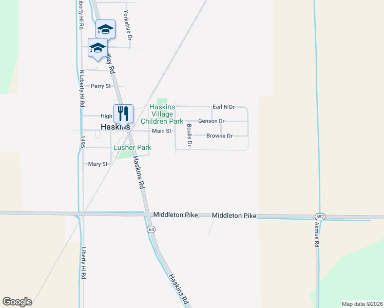 map of restaurants, bars, coffee shops, grocery stores, and more near 106 Enright Drive in Haskins