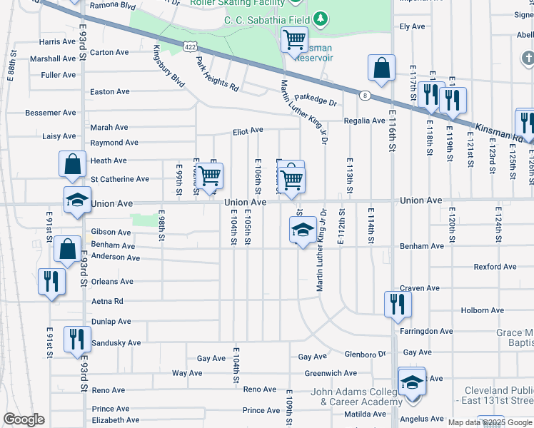 map of restaurants, bars, coffee shops, grocery stores, and more near 3517 East 106th Street in Cleveland
