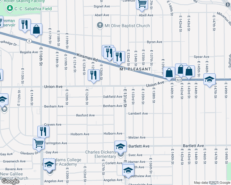 map of restaurants, bars, coffee shops, grocery stores, and more near 3521 E 129th St in Cleveland