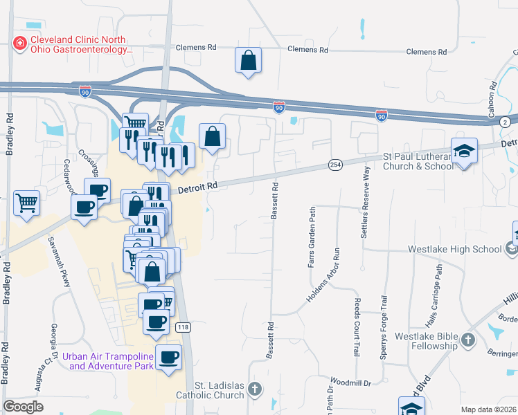 map of restaurants, bars, coffee shops, grocery stores, and more near 1710 Bassett Road in Westlake