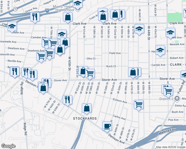 map of restaurants, bars, coffee shops, grocery stores, and more near 3338 West 58th Street in Cleveland