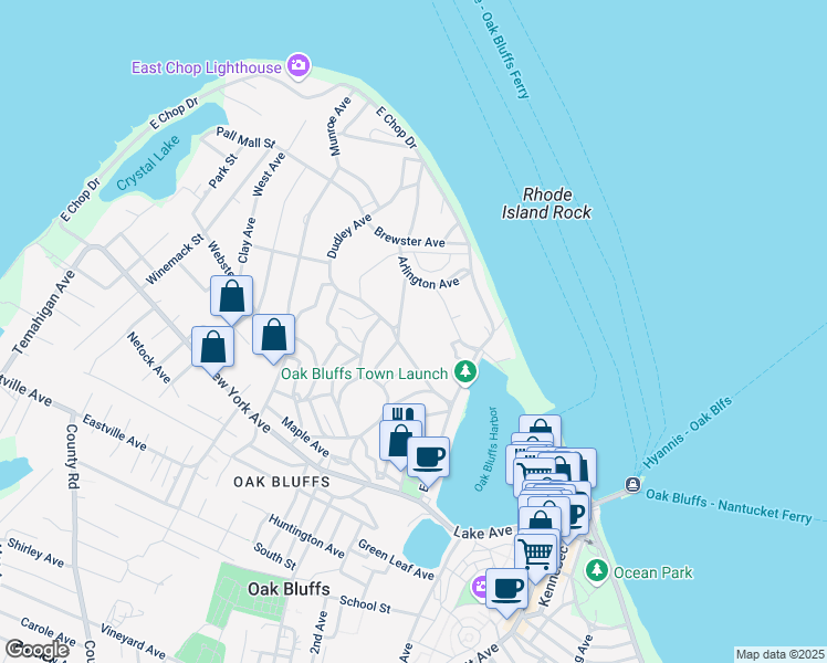 map of restaurants, bars, coffee shops, grocery stores, and more near 239 Massachusetts Avenue in Oak Bluffs
