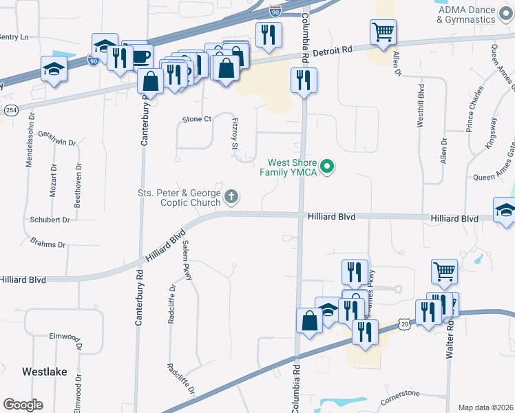 map of restaurants, bars, coffee shops, grocery stores, and more near 25680 Hilliard Boulevard in Westlake