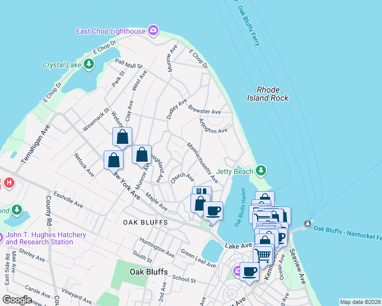 map of restaurants, bars, coffee shops, grocery stores, and more near 19 Wendall Avenue in Oak Bluffs