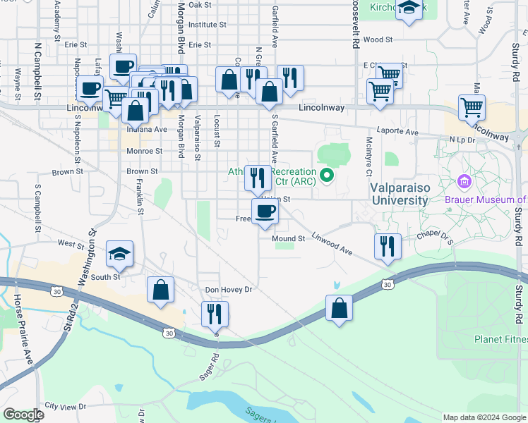 map of restaurants, bars, coffee shops, grocery stores, and more near 455 South Greenwich Street in Valparaiso
