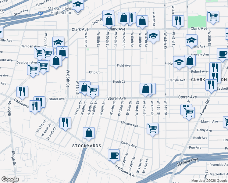 map of restaurants, bars, coffee shops, grocery stores, and more near 3337 West 54th Street in Cleveland