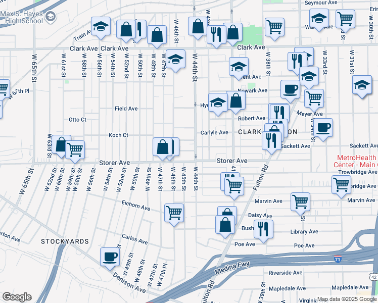 map of restaurants, bars, coffee shops, grocery stores, and more near 4411 Sackett Avenue in Cleveland