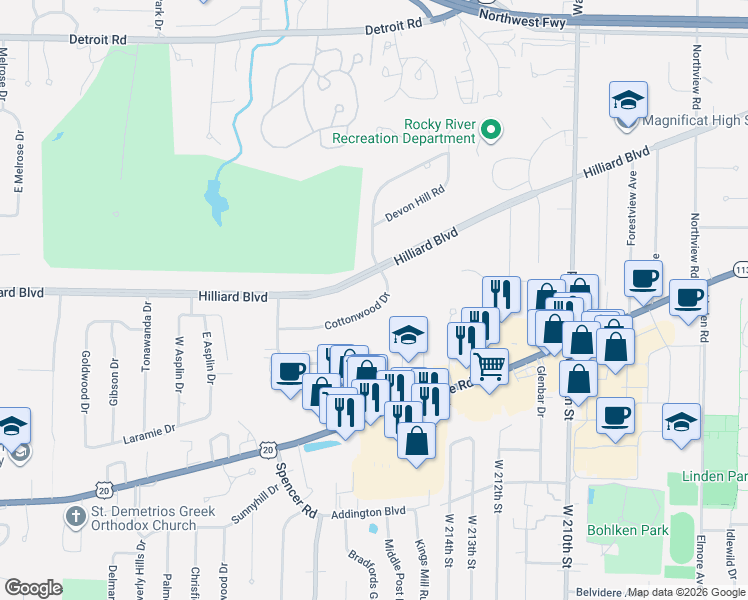 map of restaurants, bars, coffee shops, grocery stores, and more near 21684 Cottonwood Drive in Rocky River