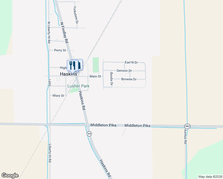 map of restaurants, bars, coffee shops, grocery stores, and more near 106 Enright Drive in Haskins